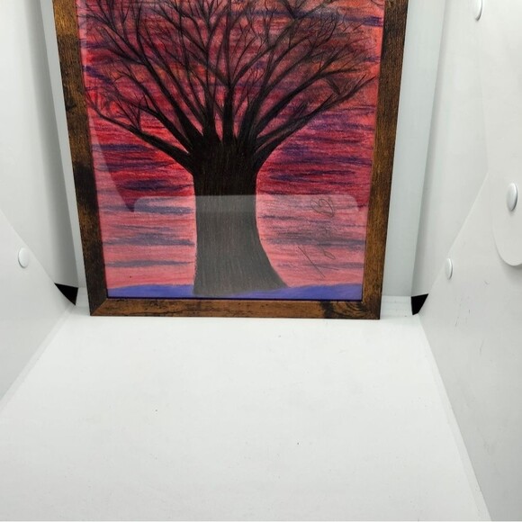 Hand Crafted Sunset Winter Tree Colored Pencil Drawing Framed 9x11" - Picture 7 of 14